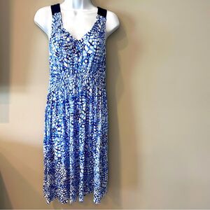 DKNY Women's Blue Pebble Print Round Neck Sleeveless Midi Dress with Shirring M